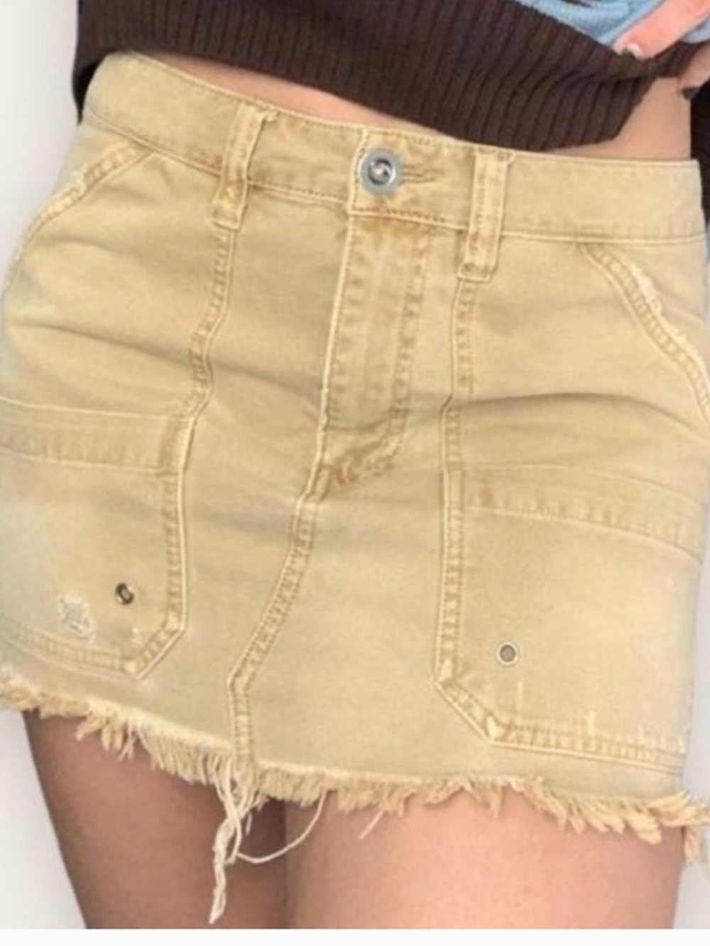 Free People Beige Frayed Hem Mini Skirt
